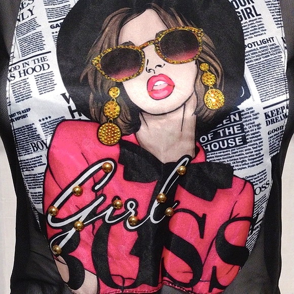 Occasion Edgy Black Mesh Embellished Graphic Top Short Sleeve GIRL BOSS Tee M - Picture 4 of 10